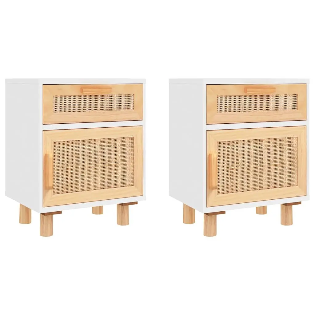 Bedside Cabinet 2 pcs Storage Nightstand White Solid Pine Wood Rattan Drawer