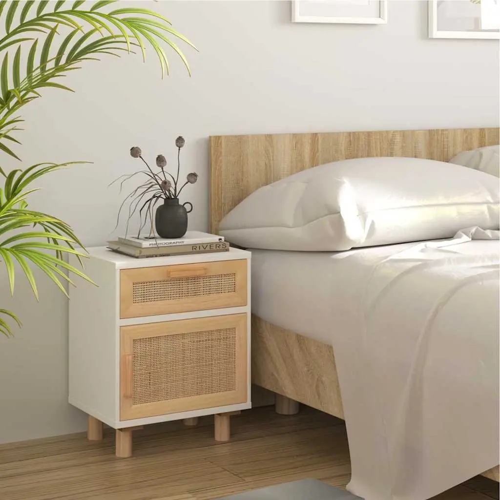 Bedside Cabinet 2 pcs Storage Nightstand White Solid Pine Wood Rattan Drawer