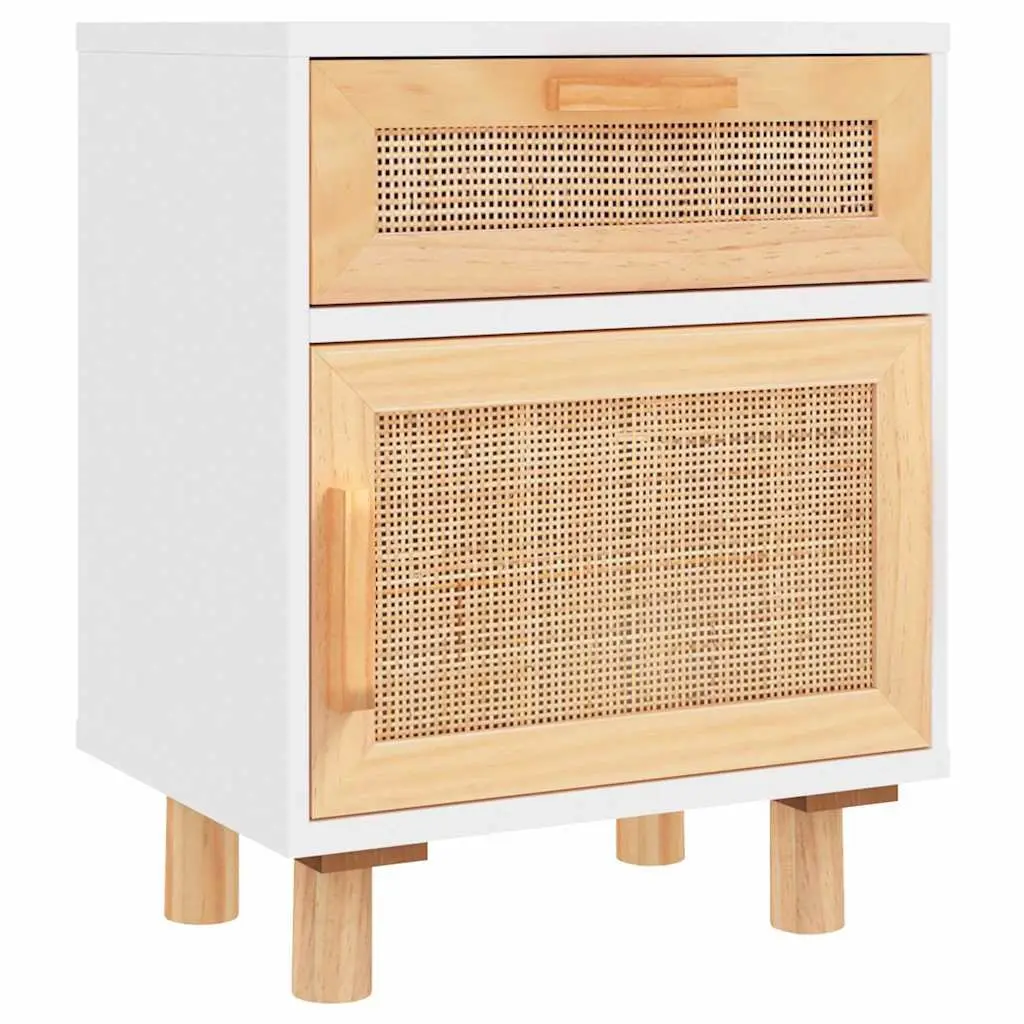 Bedside Cabinet 2 pcs Storage Nightstand White Solid Pine Wood Rattan Drawer
