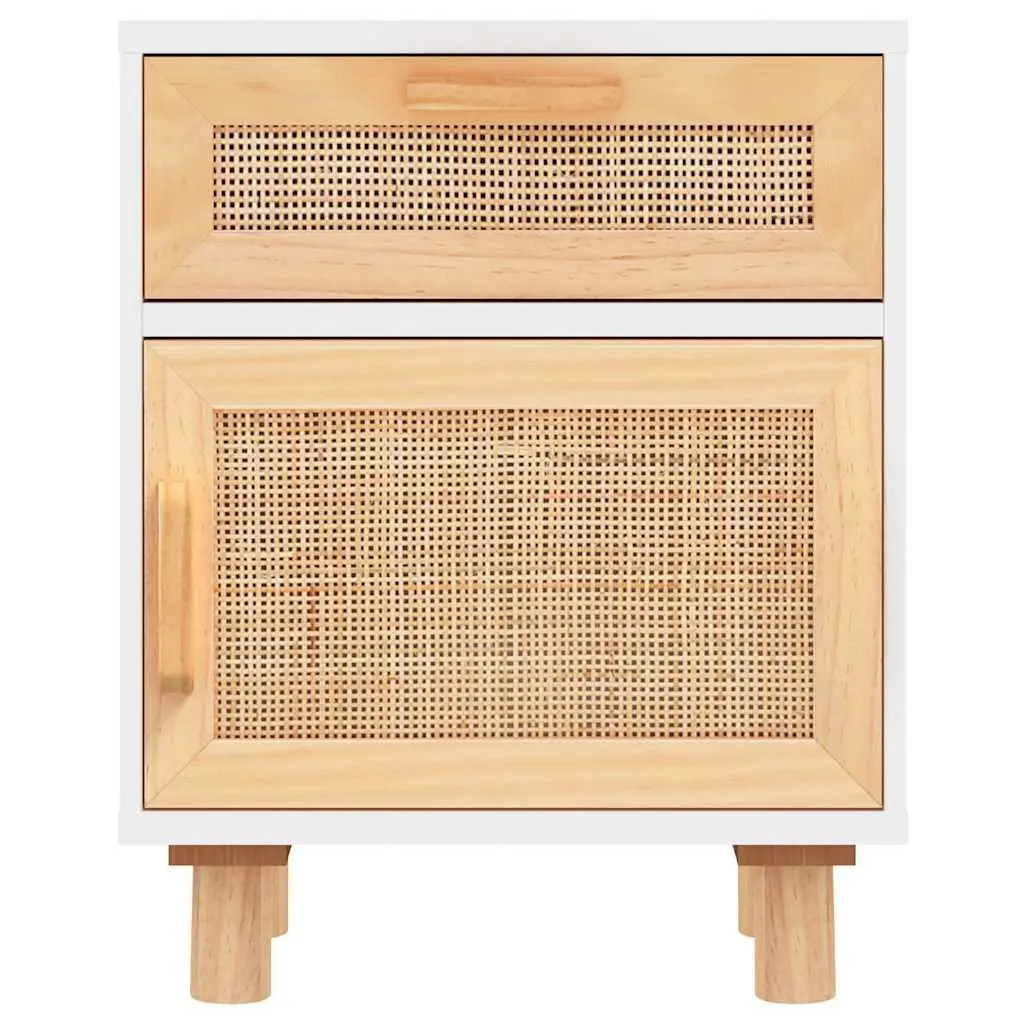 Bedside Cabinet 2 pcs Storage Nightstand White Solid Pine Wood Rattan Drawer