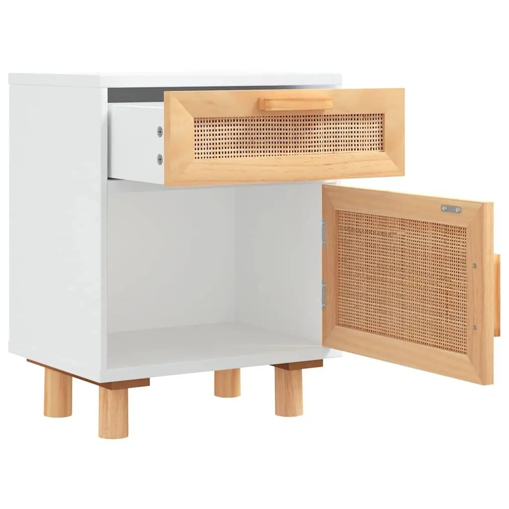 Bedside Cabinet 2 pcs Storage Nightstand White Solid Pine Wood Rattan Drawer