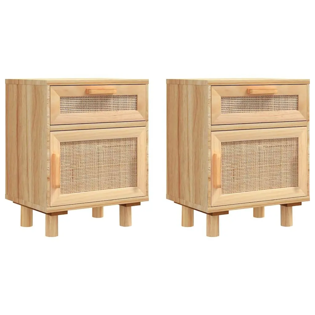 Bedside Cabinet 2 pcs Storage Drawer Nightstand Brown Solid Wood Pine Rattan