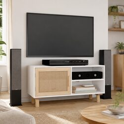 Value-Packed White TV Cabinet with Rattan Details