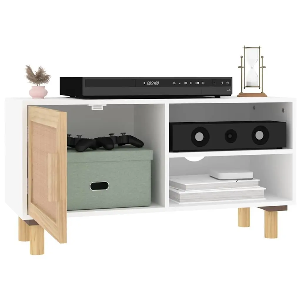 TV Cabinet White Storage Unit 3 Compartment Rattan Door Media Stand