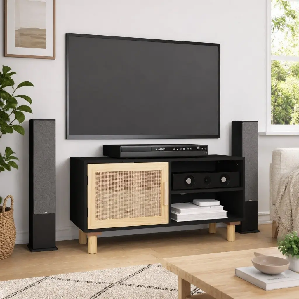 TV Cabinet Black Storage Unit 3 Compartments Rattan Door 80 x 30 x 40 cm Solid Wood Feet