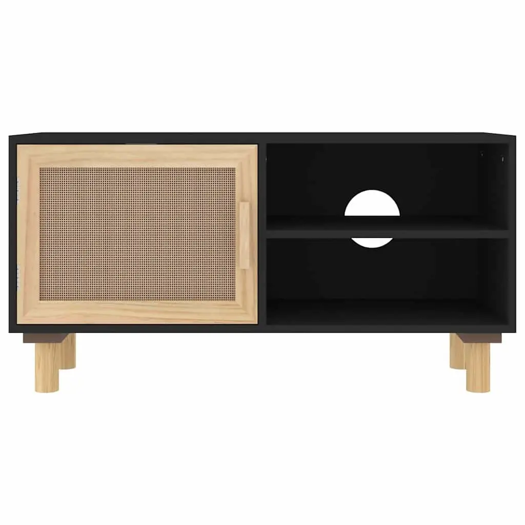 TV Cabinet Black Storage Unit 3 Compartments Rattan Door 80 x 30 x 40 cm Solid Wood Feet