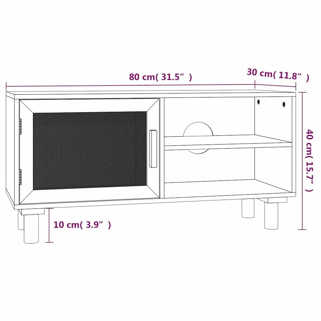 TV Cabinet Black Storage Unit 3 Compartments Rattan Door 80 x 30 x 40 cm Solid Wood Feet