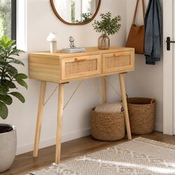 Console Table Brown Hallway Entryway Accent Side Table 2 Drawers Rattan Design