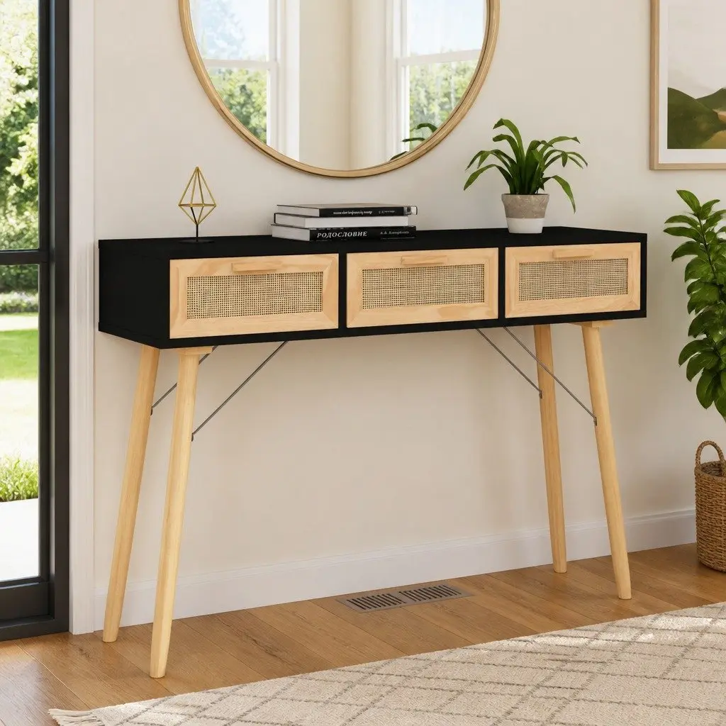 Black Console Table 105x30x75 cm with 3 Drawers