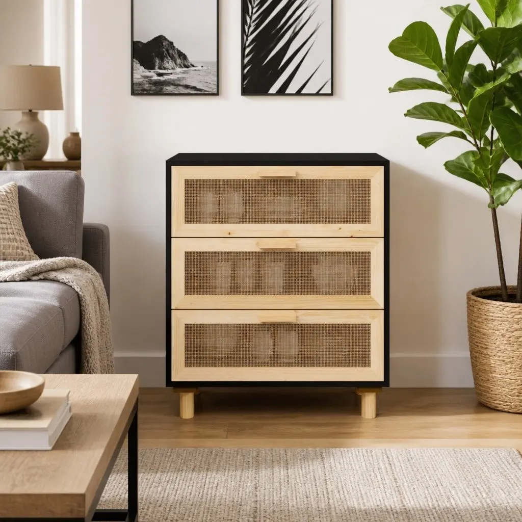 Black Sideboard Cabinet with Rattan Weaving