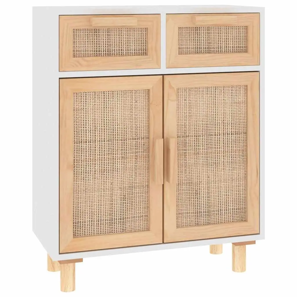 Sideboard Cabinet Storage Cupboard 2 Drawers 2 Compartments White Rattan Door Natural Wood Feet