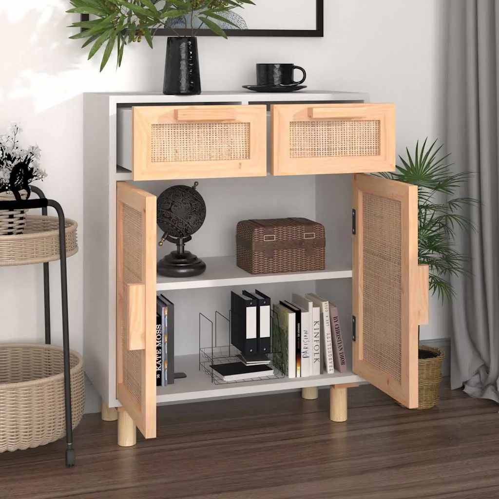 Sideboard Cabinet Storage Cupboard 2 Drawers 2 Compartments White Rattan Door Natural Wood Feet