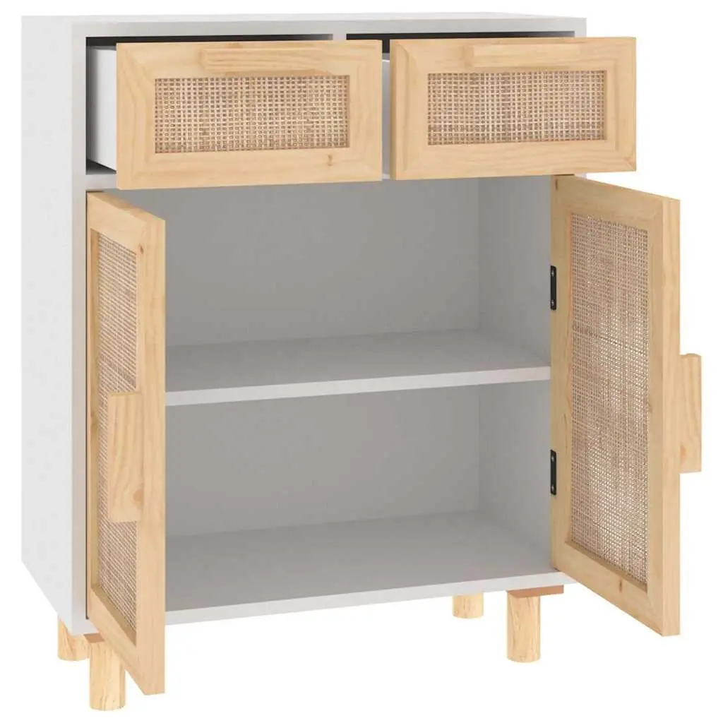 Sideboard Cabinet Storage Cupboard 2 Drawers 2 Compartments White Rattan Door Natural Wood Feet