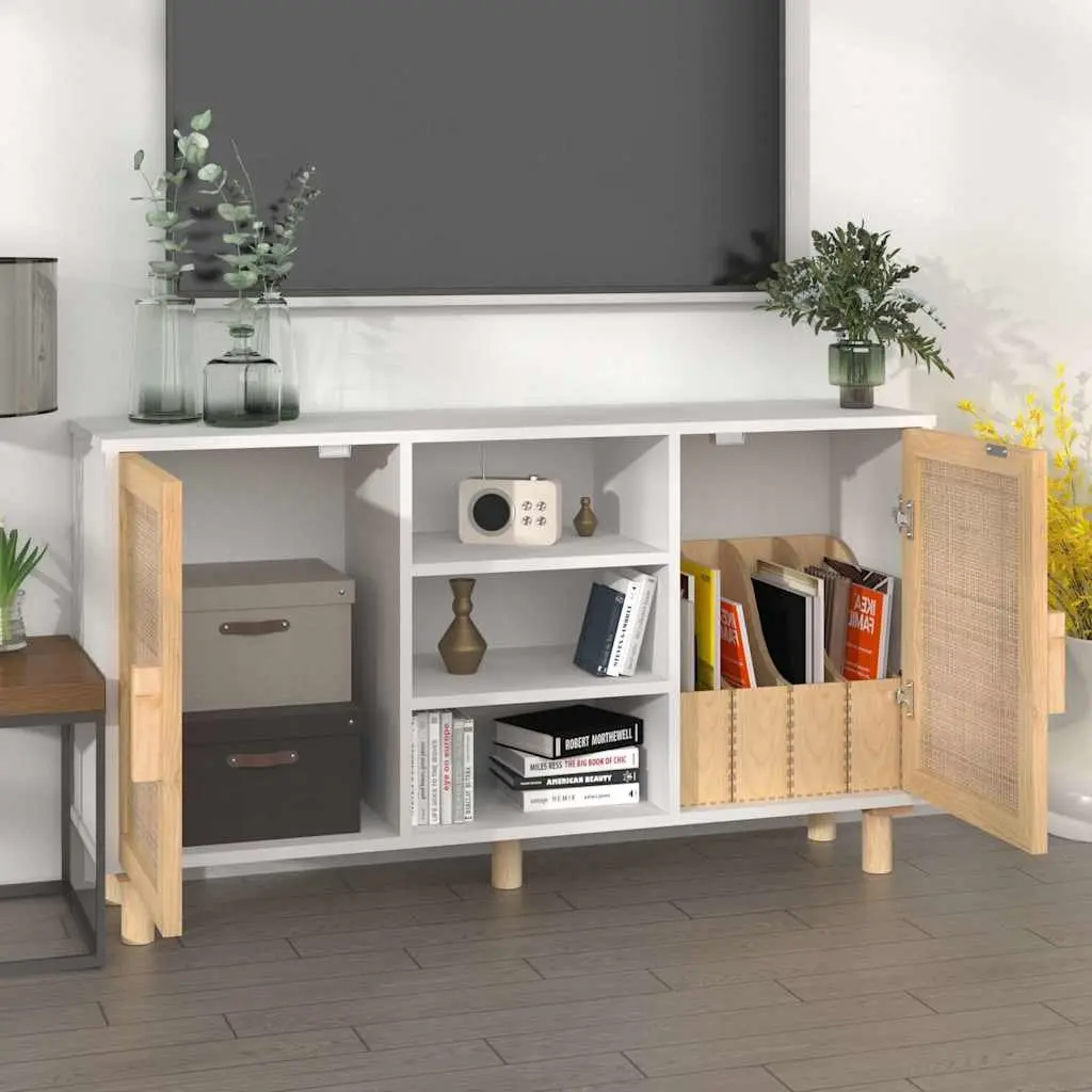 White Sideboard Storage Cabinet 105x30x60cm Rattan Door 2 Doors 5 Compartments