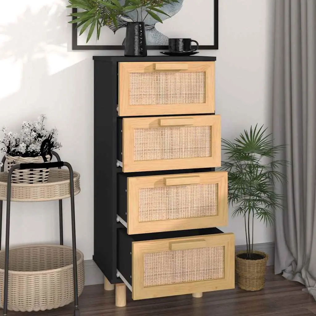 Sideboard Storage Cabinet 40x30x90cm Black 4 Drawer Rattan Weaving Design