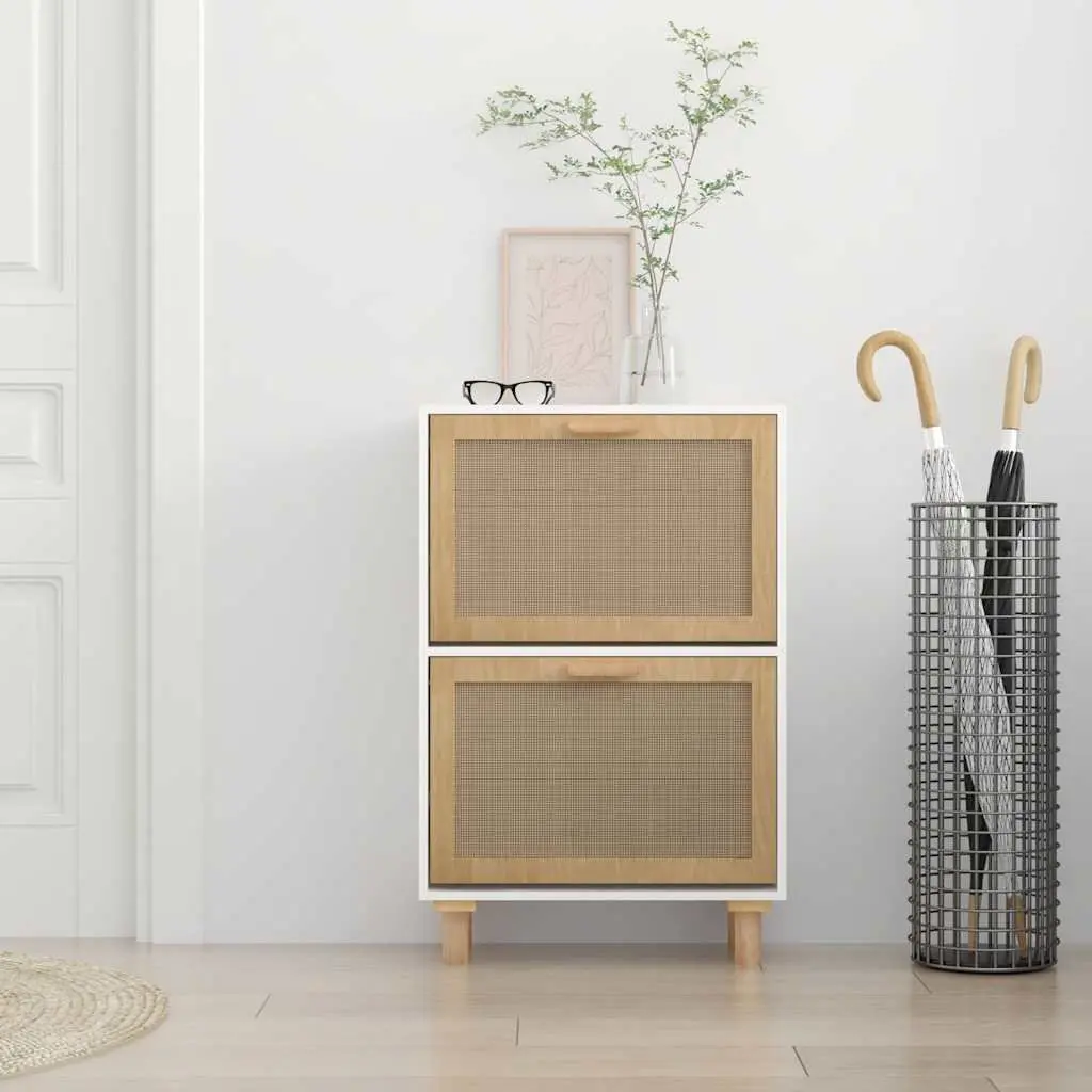 Shoe Cabinet White Scandinavian Design Storage Organiser 2 Drawer Rattan