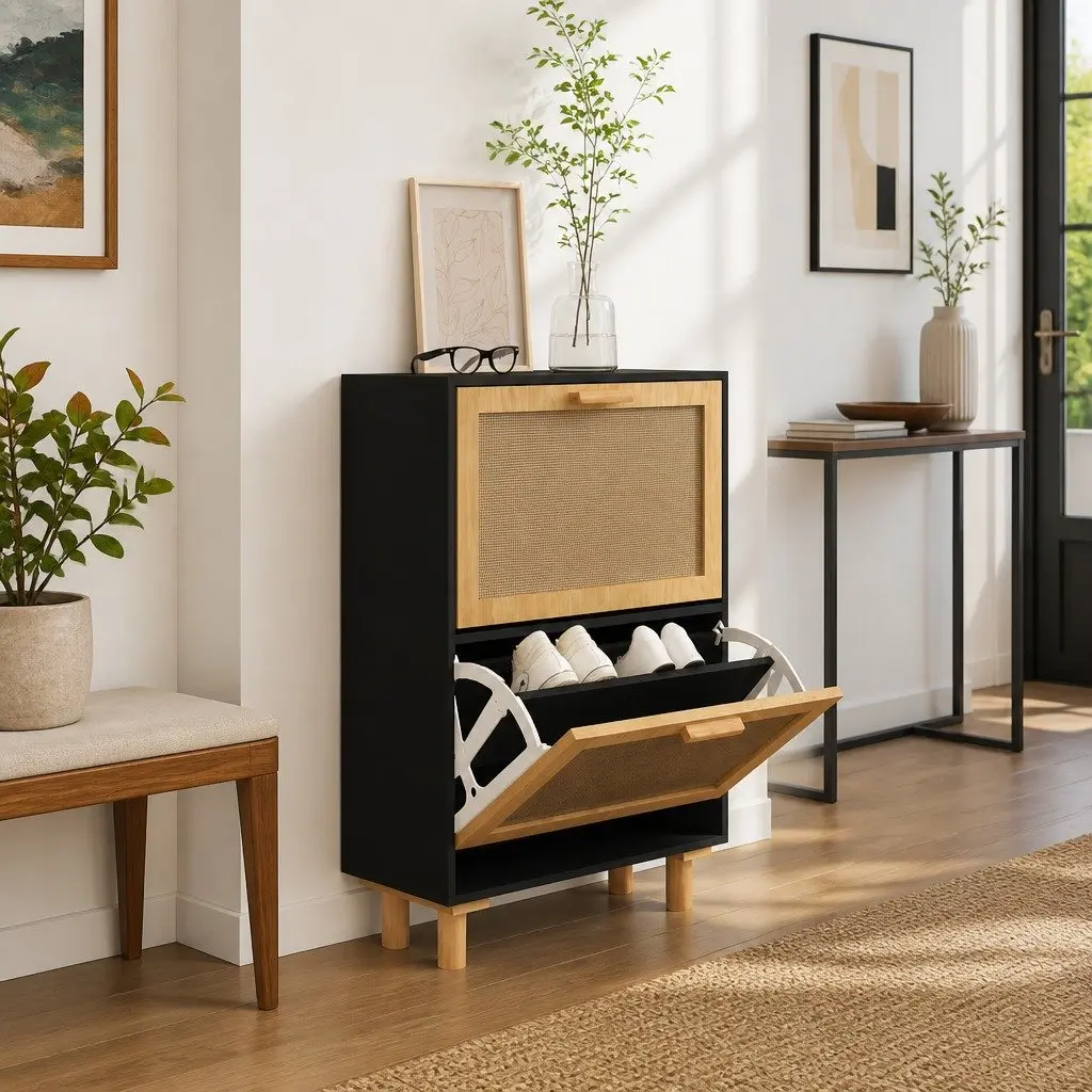 Shoe Cabinet Organised Storage 52W x 25D x 80H cm Black Engineered Wood Rattan Drawers
