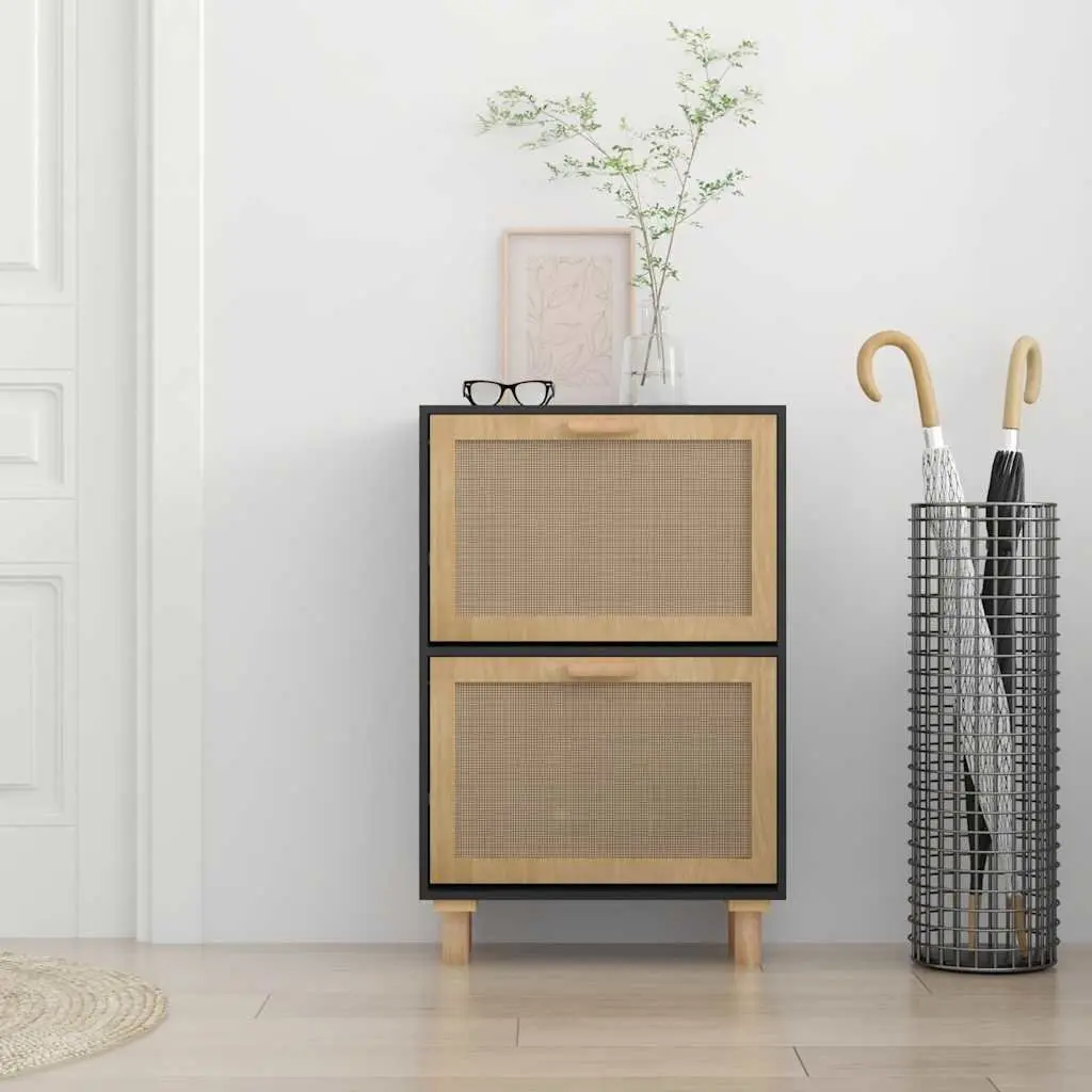 Shoe Cabinet Organised Storage 52W x 25D x 80H cm Black Engineered Wood Rattan Drawers