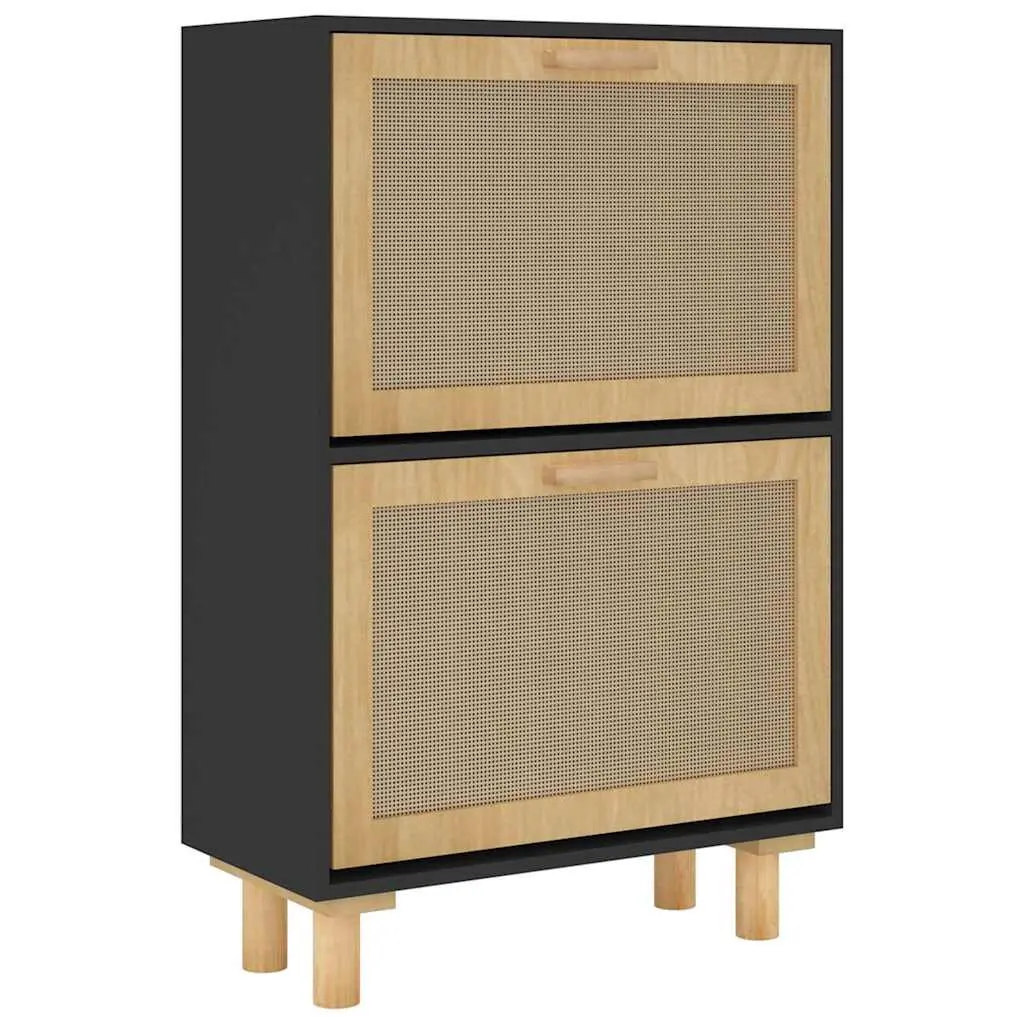 Shoe Cabinet Organised Storage 52W x 25D x 80H cm Black Engineered Wood Rattan Drawers