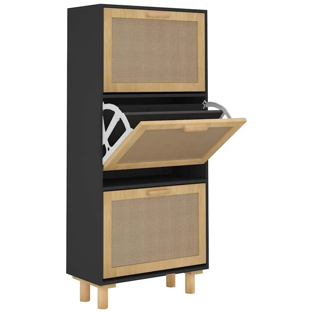 Shoe Cabinet Storage Organiser Black Scandinavian Design 3 Drawer Rattan Weaving