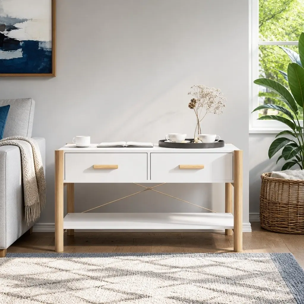 Coffee Table White Storage Side Table Engineered Wood Living Room Furniture