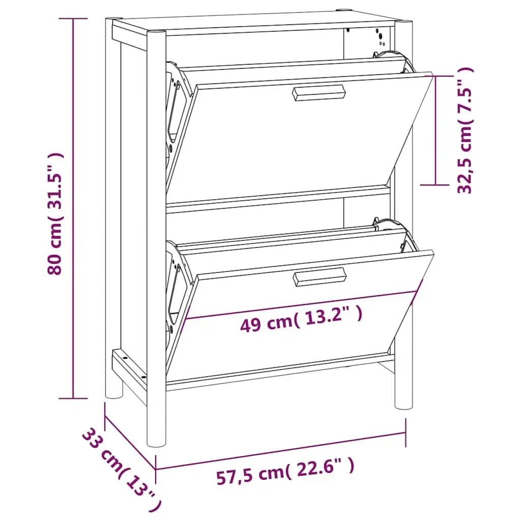 Shoe Cabinet Black Storage Organiser Engineered Wood 57.5W x 33D x 80H cm