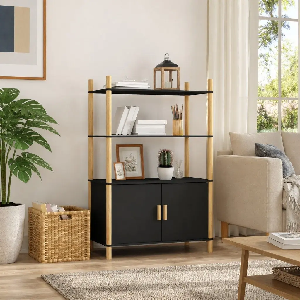 Highboard Storage Cabinet Black Engineered Wood Sideboard Buffet 80W x 40D x 121H cm