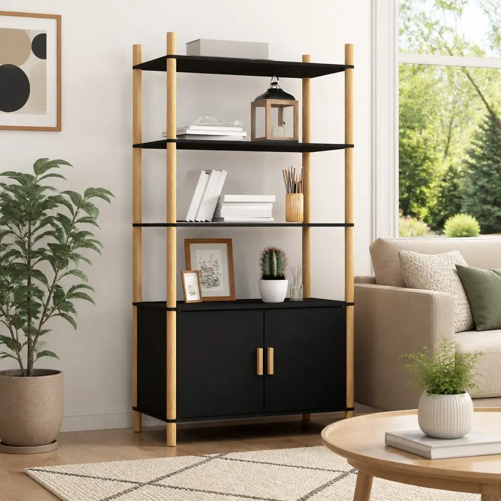 Highboard Storage Cabinet 80x40x153cm Black Engineered Wood Sideboard Buffet