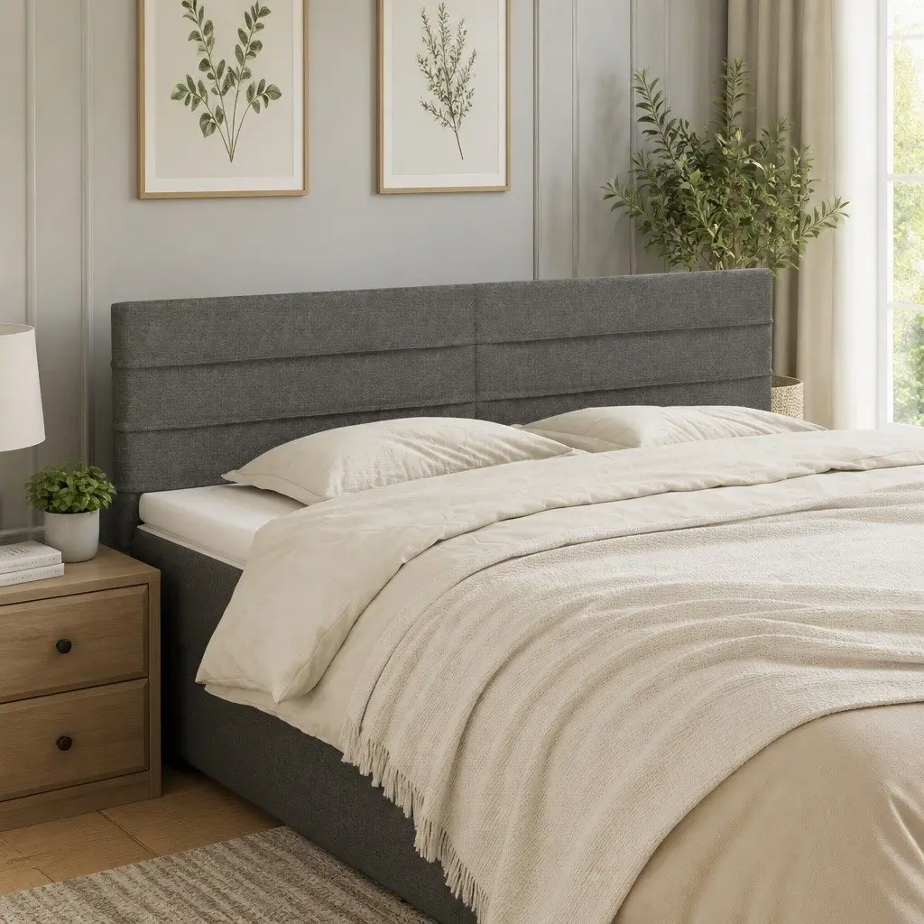 Headboard Adjustable Height Dark Grey Fabric Bed Head with Wooden Legs