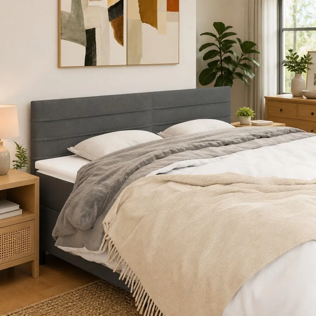 Fabric Headboard Adjustable Height Grey Wooden Legs Bedroom Furniture