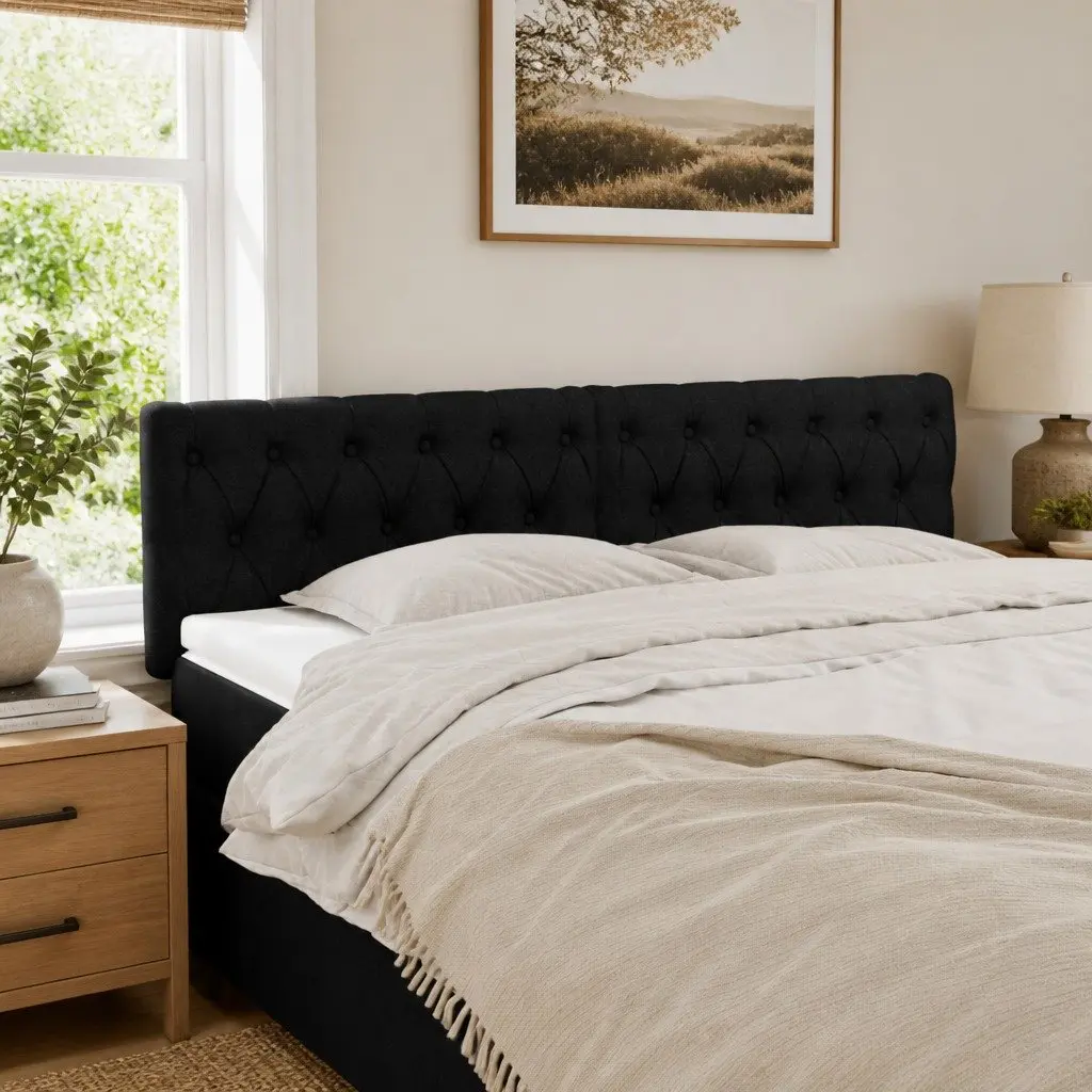 Black Fabric Headboard 160cm Adjustable Height Wooden Legs Bedroom Bed Support