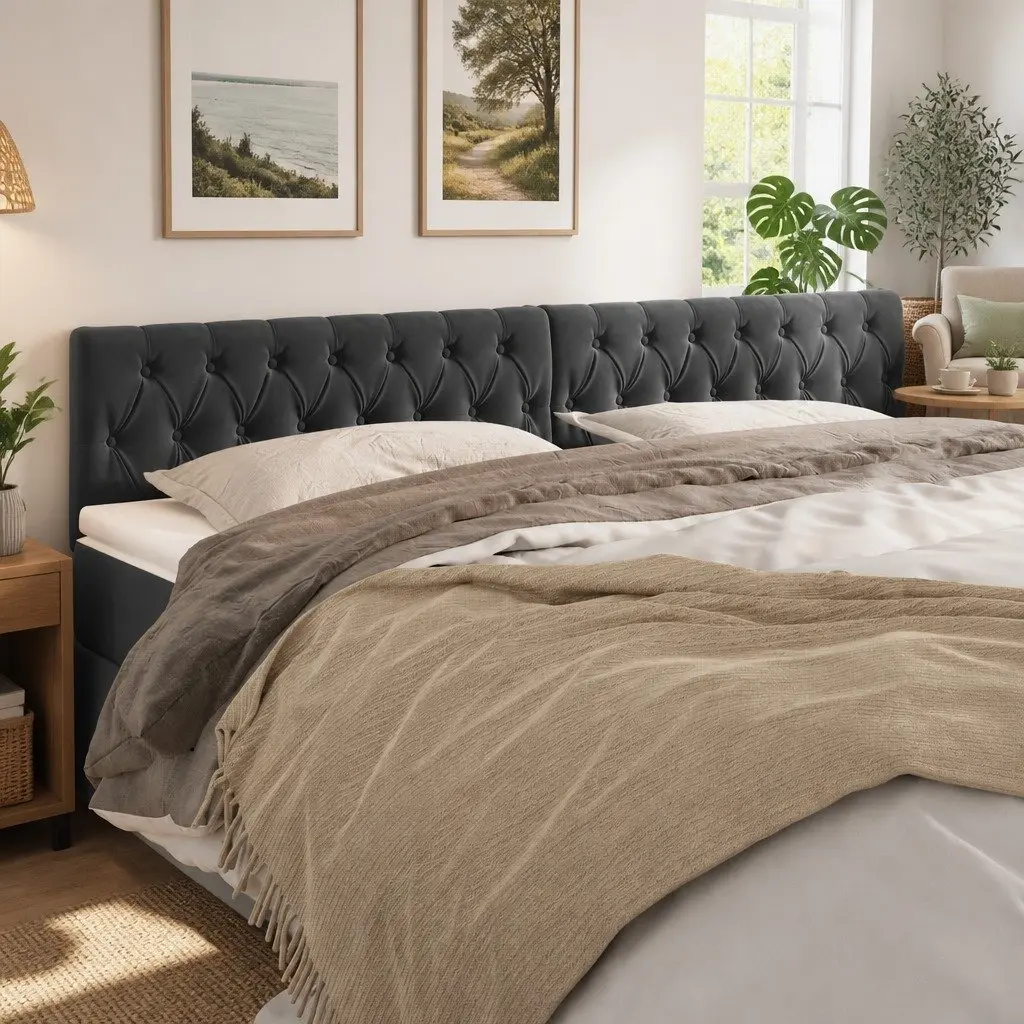 Velvet Headboard Adjustable Height 200cm Wide Grey Wooden Legs Bedroom