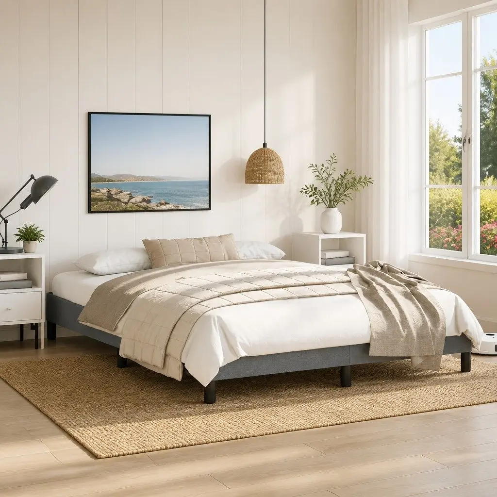 Queen Bed Frame Grey Fabric 152x203 cm Upholstered Platform Bedroom