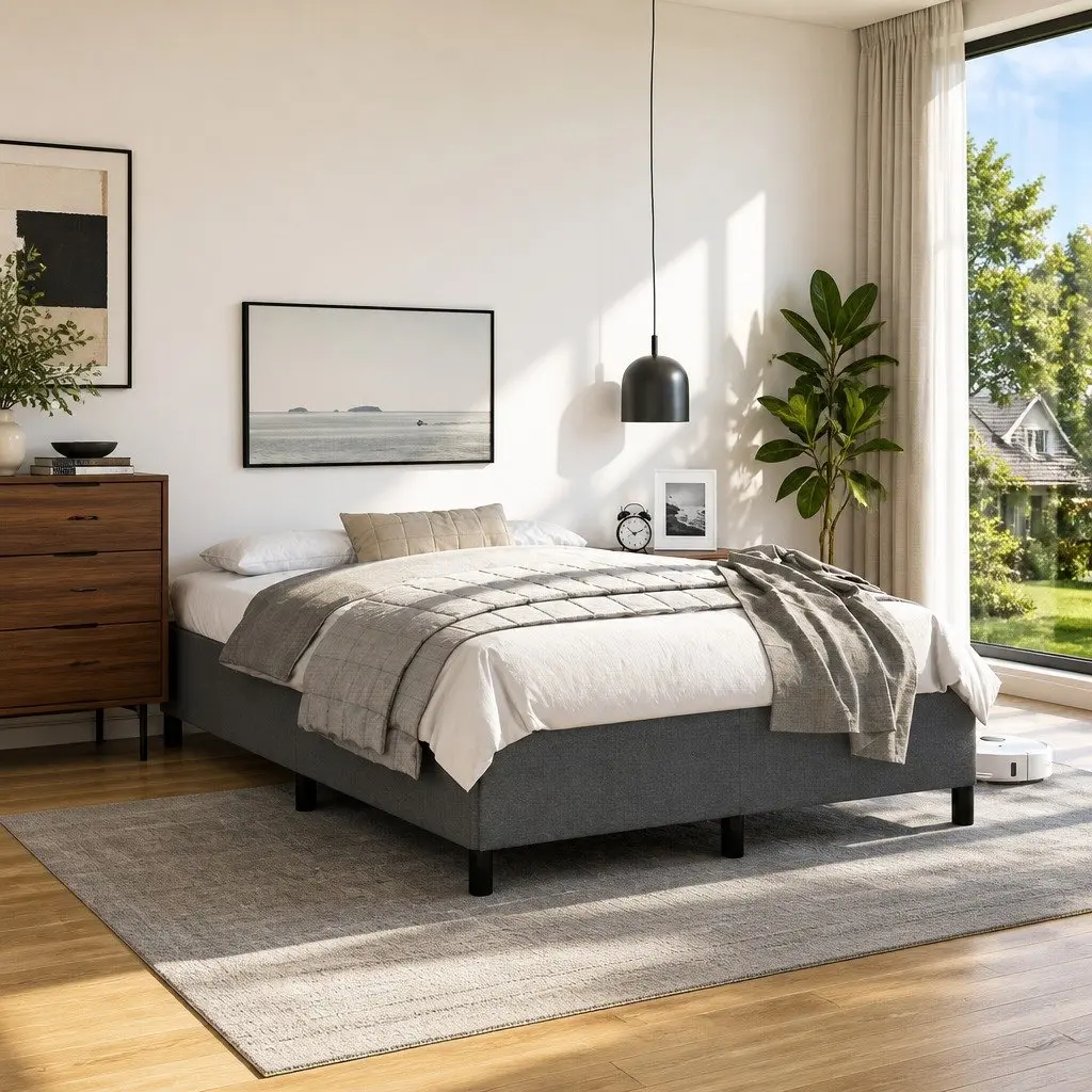 Double Bed Frame Grey Fabric 137x187cm Bedroom Furniture Sturdy Plywood Slats