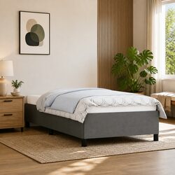 King Single Bed Frame Grey Fabric Upholstered Sturdy Legs Plywood Slats Base
