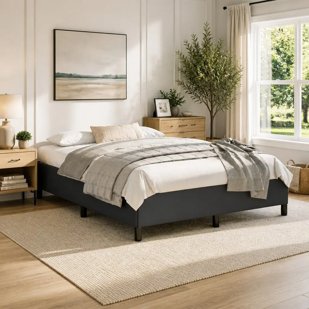 Queen Bed Frame Black Faux Leather Upholstered Platform 152x203 cm