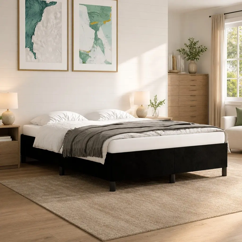 Queen Bed Frame Black Velvet 152x203cm Upholstered Slats