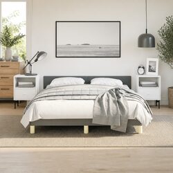 Queen Bed Frame Grey Fabric Upholstered Headboard Slatted Base Bedroom Furniture