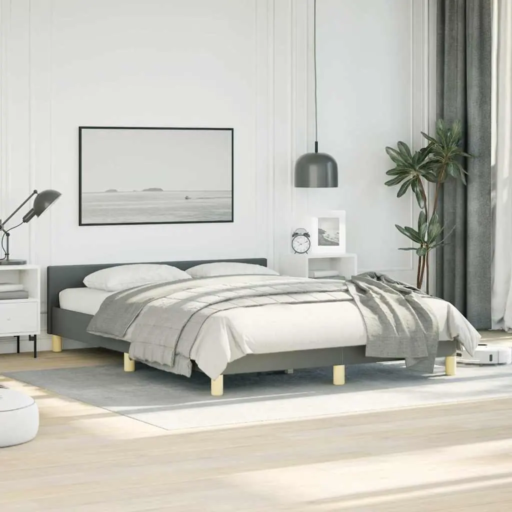 Queen Grey Upholstered Bed Frame with Slatted Base and Integrated Headboard for Bedroom Furniture