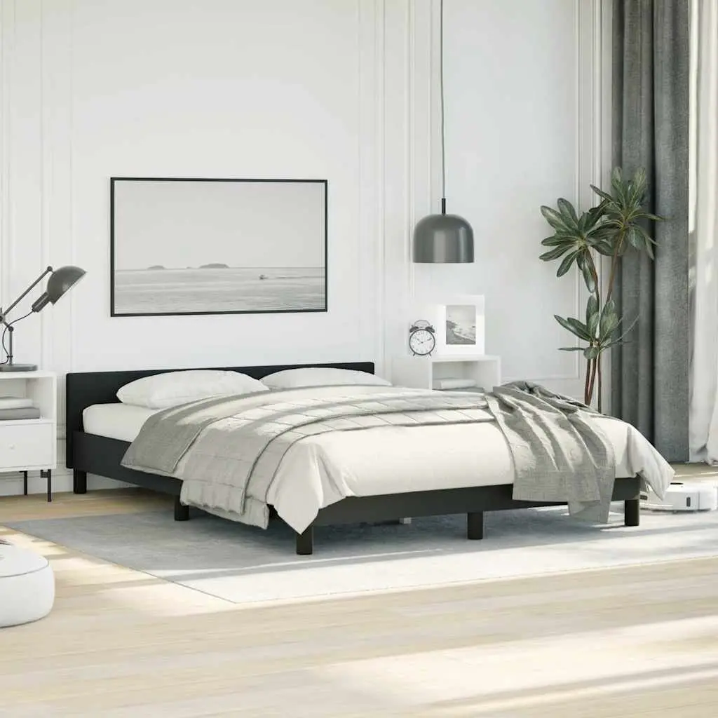 Queen Bed Frame Black Faux Leather Platform Furniture with Headboard