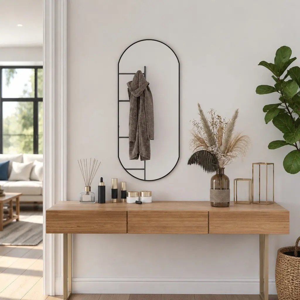 Wall Mirror Oval Glass 90x40 cm Black PVC Frame Vanity Bathroom Bedroom Home