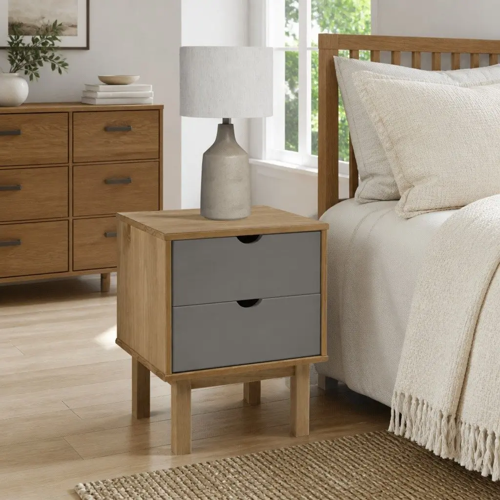 Bedside Cabinet Solid Pine Wood Nightstand Two Drawers Grey