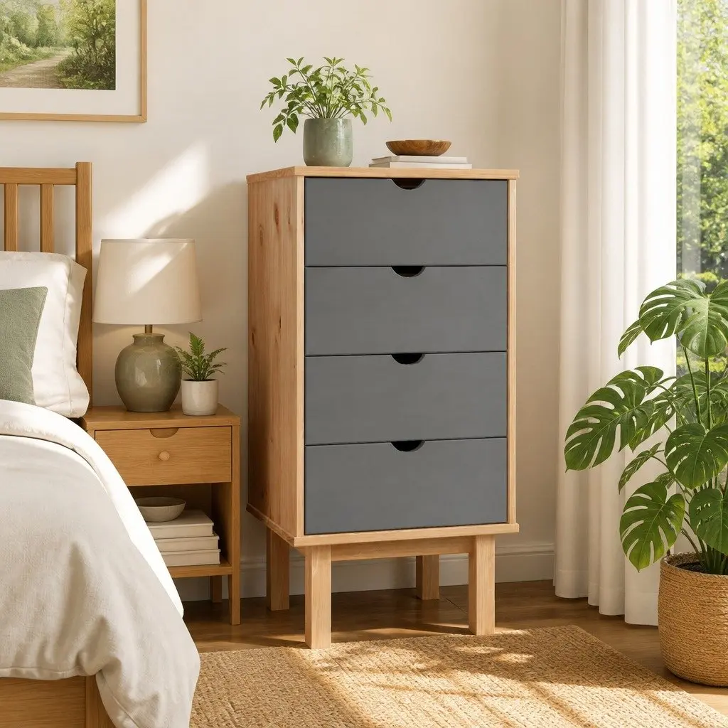 Drawer Cabinet Storage Unit 4 Drawer 45 x 39 x 90cm Brown Grey Pine Wood