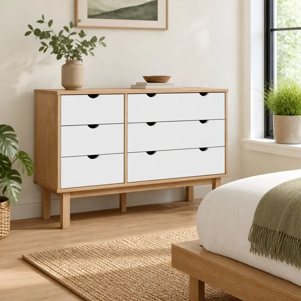 Drawer Cabinet 6 Storage Drawers Scandinavian Style White 111 x 43 x 73.5 cm