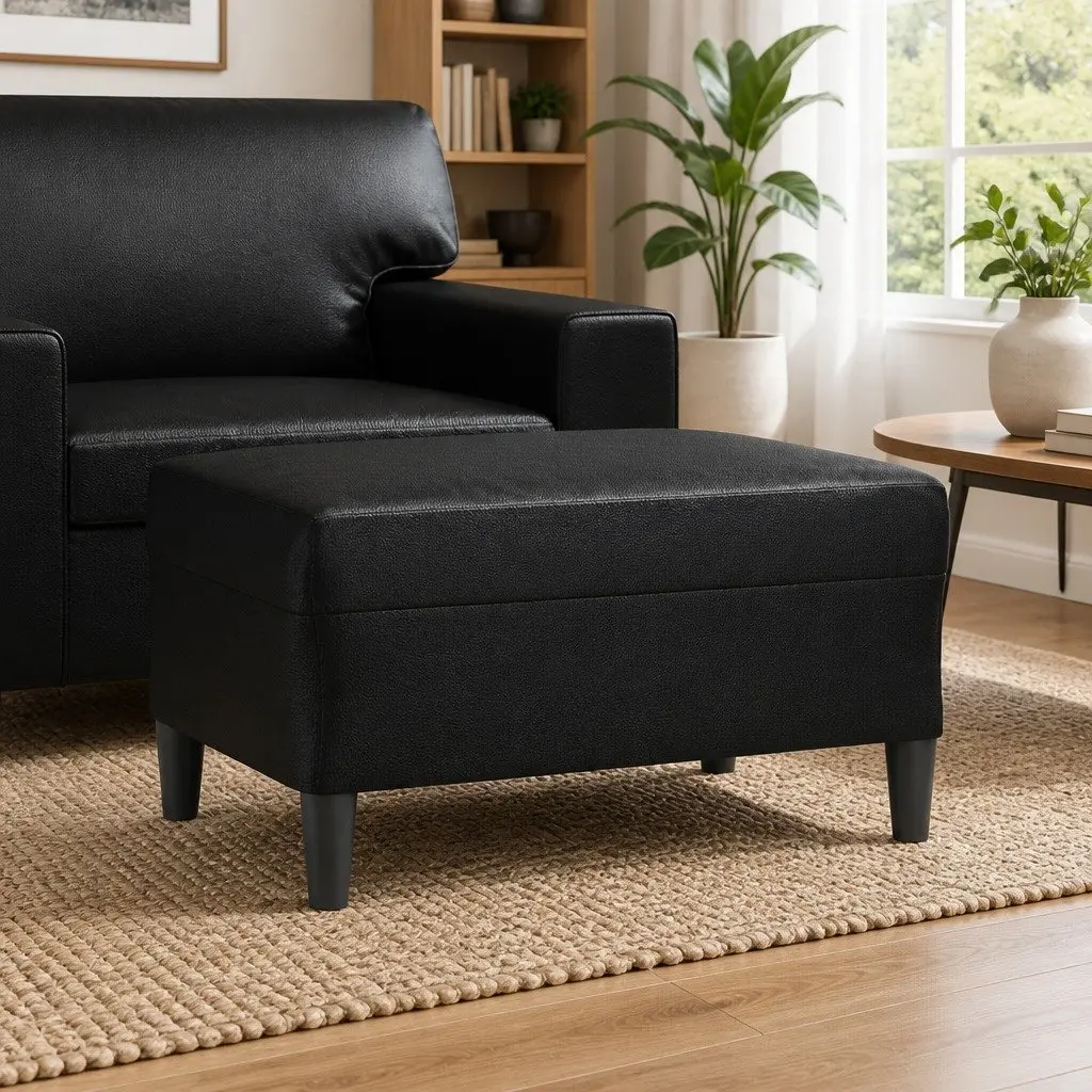 Footstool Rest Stool Compact Size Black Faux Leather