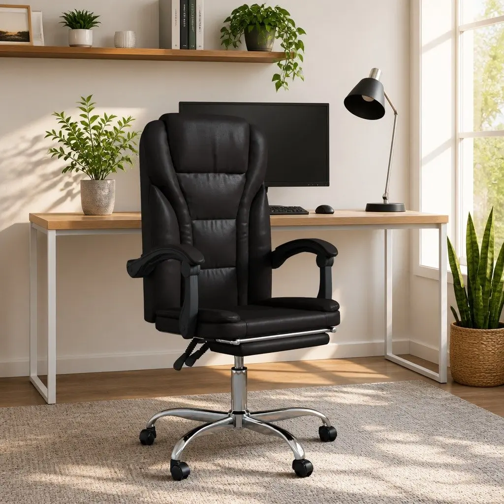 Office Chair Black Faux Leather Recliner Adjustable Backrest Swivel Desk Seat