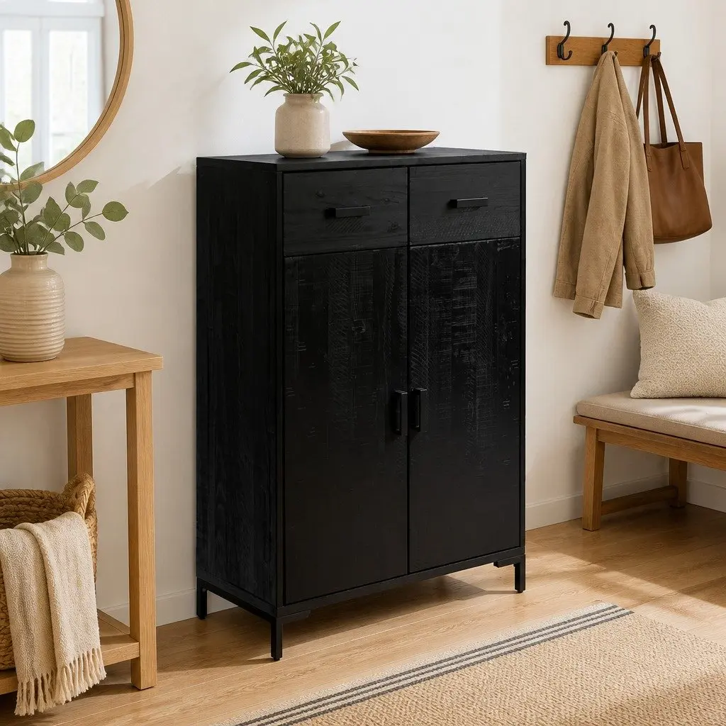 Shoe Rack Storage Cabinet 75x40x110 cm Black Wooden with 2 Drawers and 2 Compartments