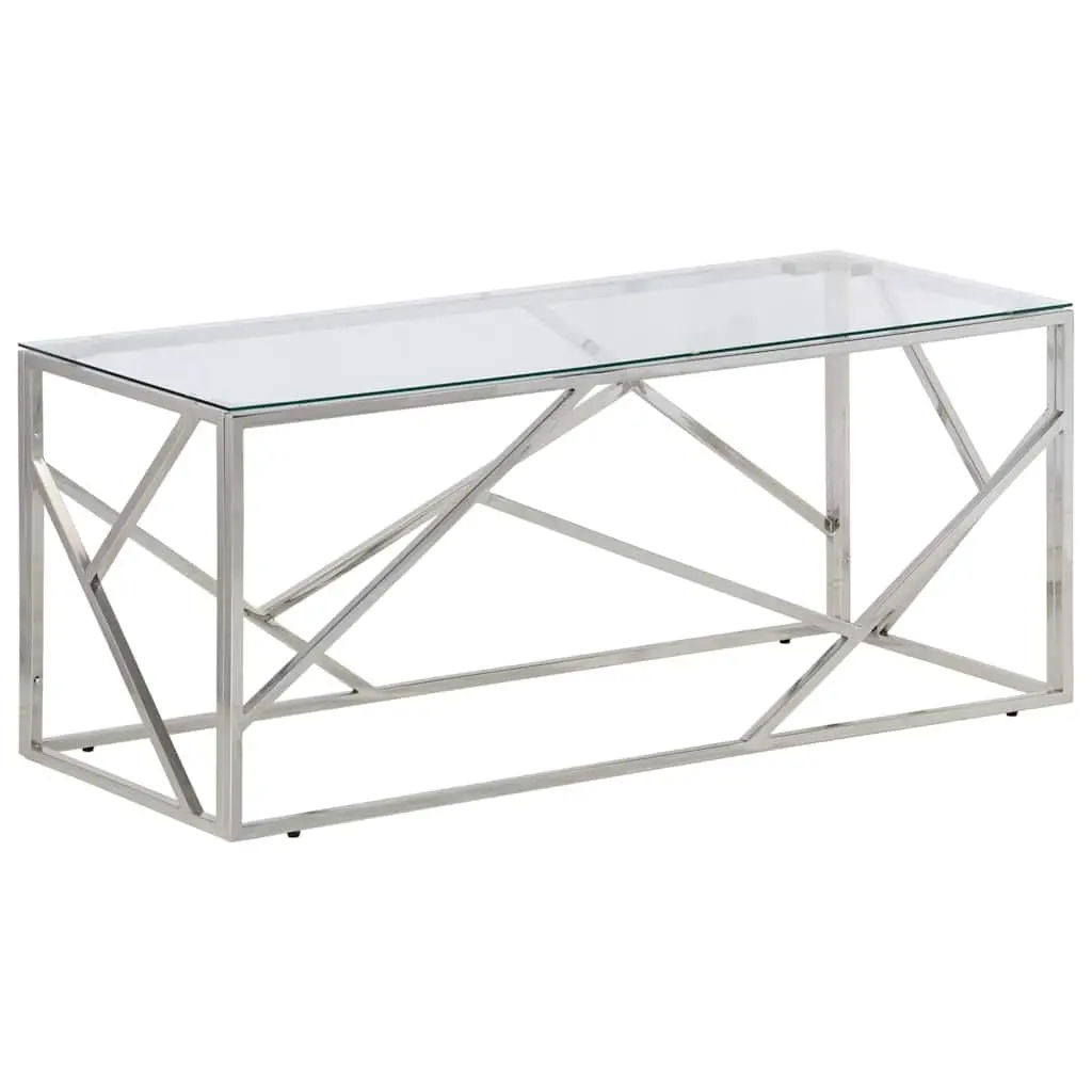 Coffee Table Modern Accent Silver Stainless Steel Frame Tempered Glass Top