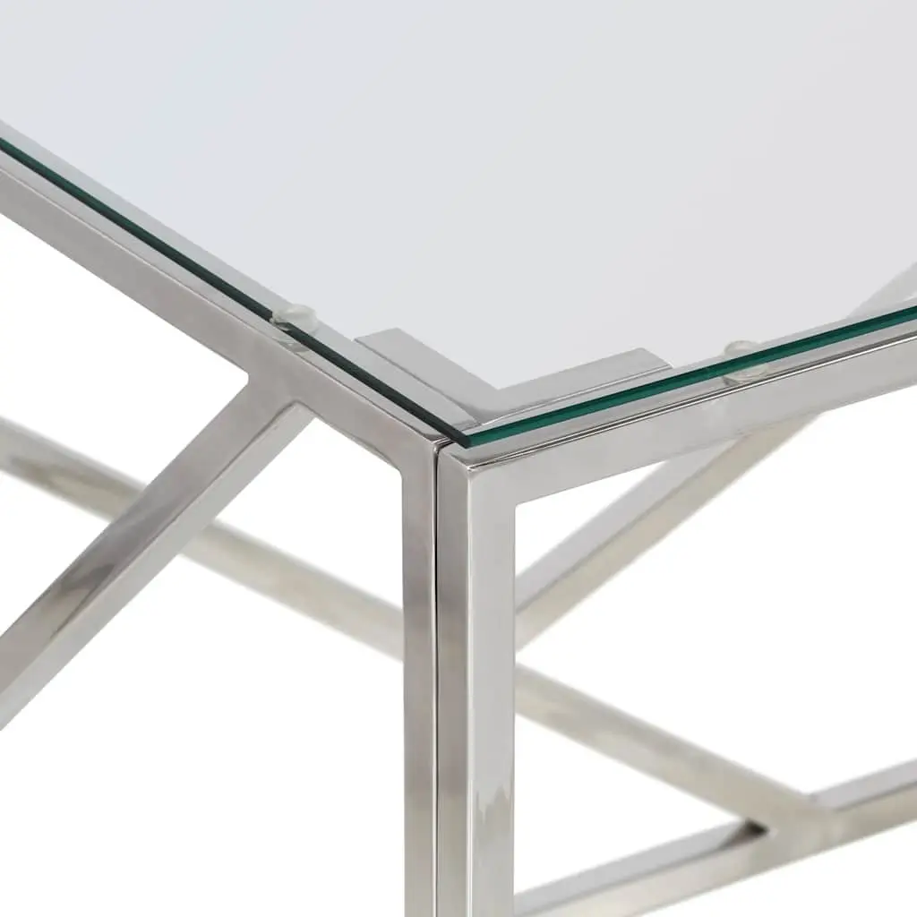 Coffee Table Modern Accent Silver Stainless Steel Frame Tempered Glass Top