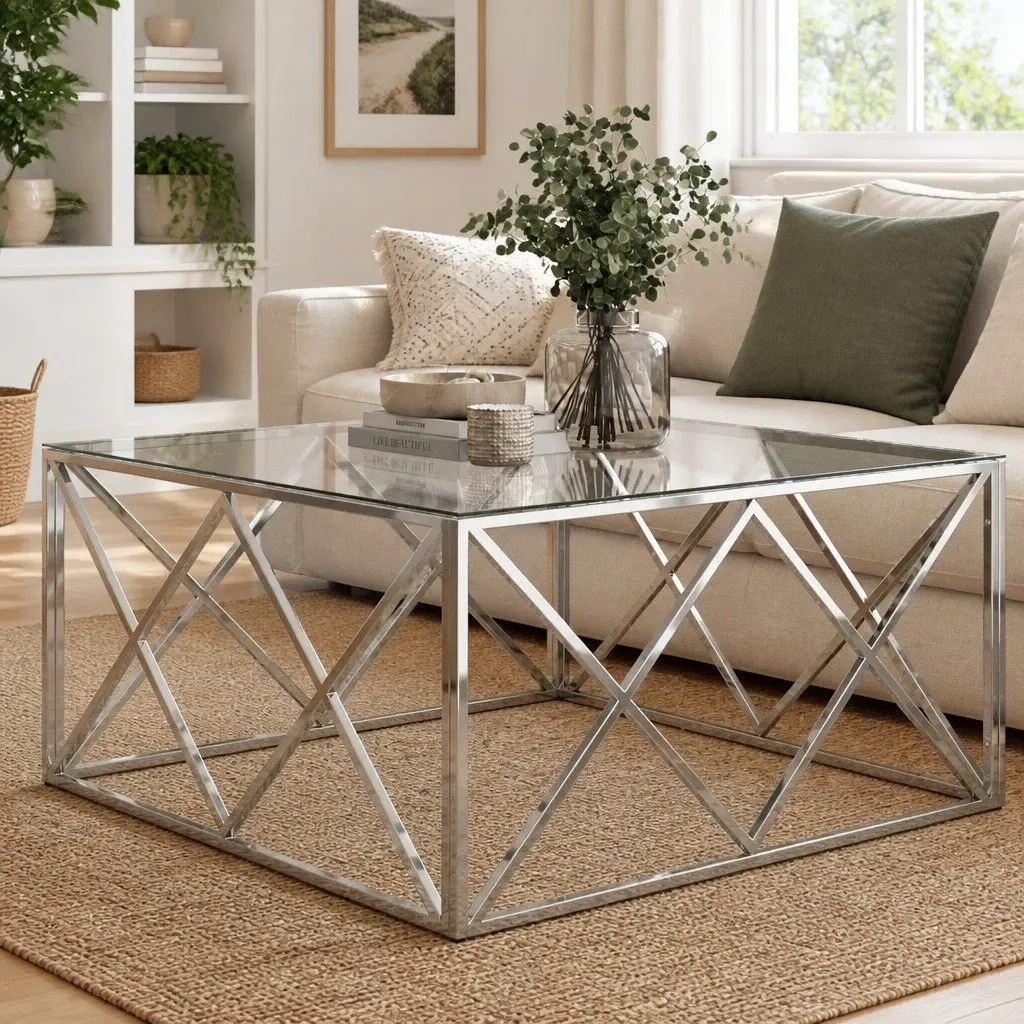Coffee Table Modern Accent Silver Stainless Steel Frame Tempered Glass Top